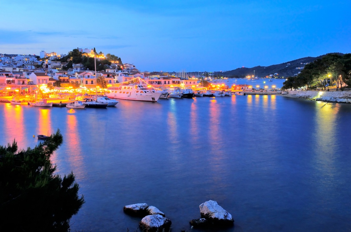 Skiathos town at night, Skiathos island, Sporades archipelago, Greece